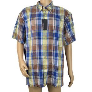 Roundtree Yorke Men's Shirt Size XXL  Plaid Short Sleeve Linen Blend Brown (42)